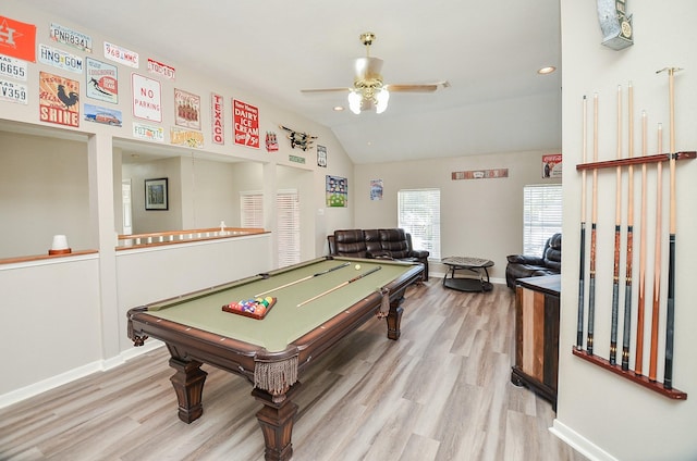 playroom featuring pool table, a ceiling fan, vaulted ceiling, wood finished floors, and baseboards