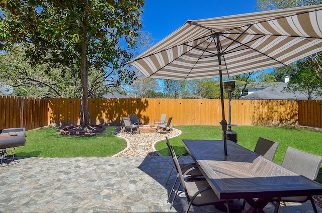 view of patio / terrace with an outdoor fire pit, outdoor dining area, and a fenced backyard