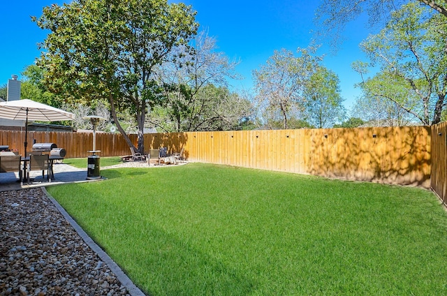 view of yard featuring a patio area and a fenced backyard