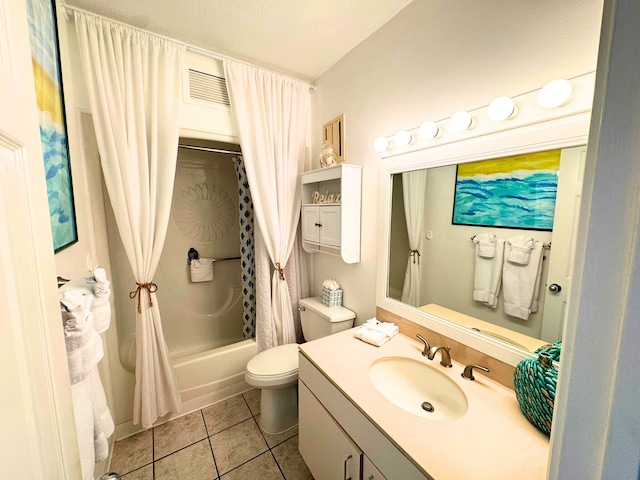 bathroom featuring visible vents, shower / bathtub combination with curtain, toilet, vanity, and tile patterned floors