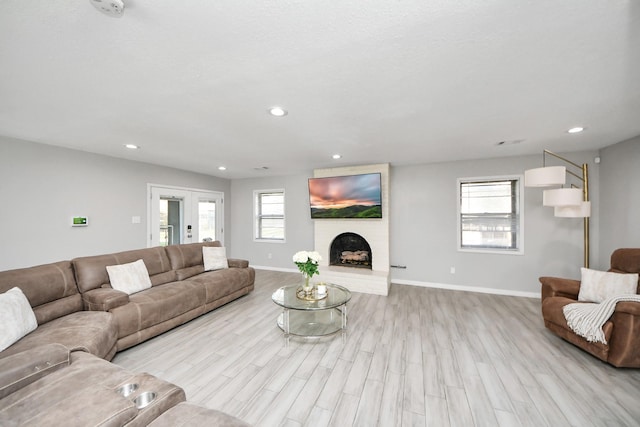 living area with french doors, a healthy amount of sunlight, a fireplace, and wood finished floors