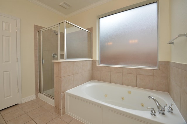 full bath with crown molding, visible vents, a stall shower, tile patterned flooring, and a whirlpool tub