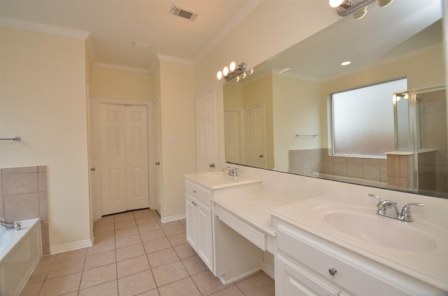 full bathroom featuring crown molding, visible vents, a sink, and tile patterned floors