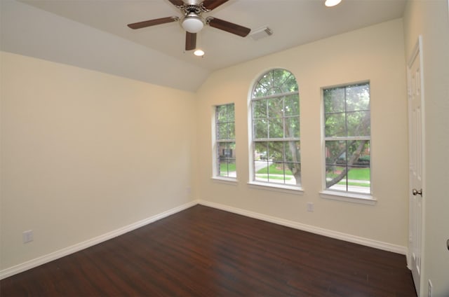 unfurnished room featuring visible vents, baseboards, dark wood-type flooring, vaulted ceiling, and recessed lighting