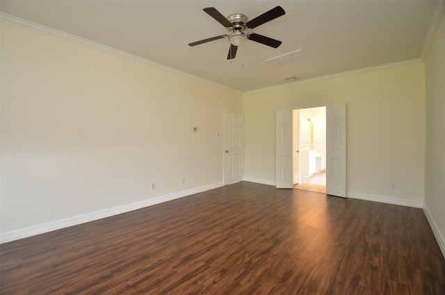 unfurnished room featuring dark wood-style floors, baseboards, a ceiling fan, and crown molding