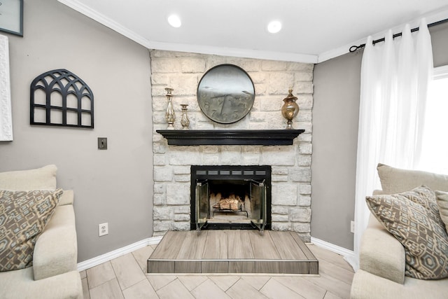 interior details with crown molding, a fireplace, and baseboards