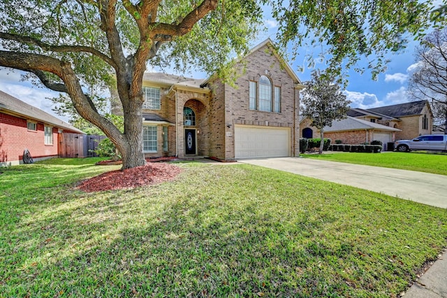 traditional home featuring driveway, a garage, fence, a front lawn, and brick siding