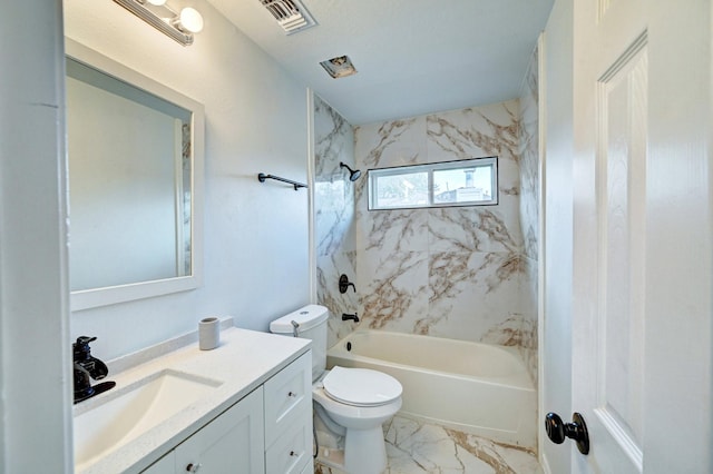 bathroom with visible vents, bathing tub / shower combination, toilet, marble finish floor, and vanity