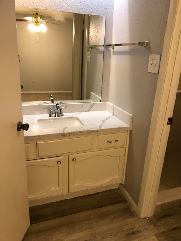 bathroom with vanity, a ceiling fan, and wood finished floors