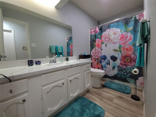 full bathroom featuring vanity, curtained shower, toilet, and wood finished floors