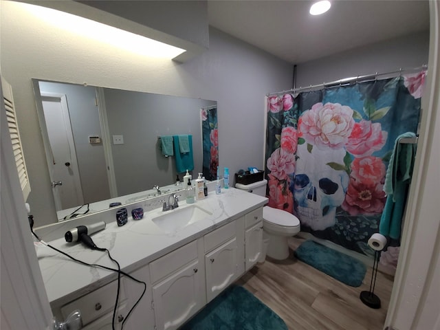 bathroom featuring toilet, vanity, a shower with shower curtain, and wood finished floors