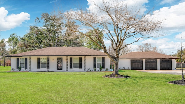 single story home with a detached garage, roof with shingles, covered porch, an outdoor structure, and a front yard