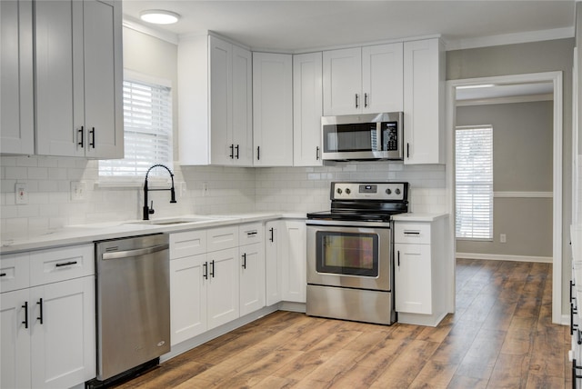 kitchen with light wood-style flooring, stainless steel appliances, a sink, light countertops, and ornamental molding