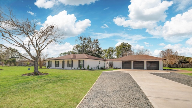 ranch-style house with a garage, a front lawn, and stucco siding