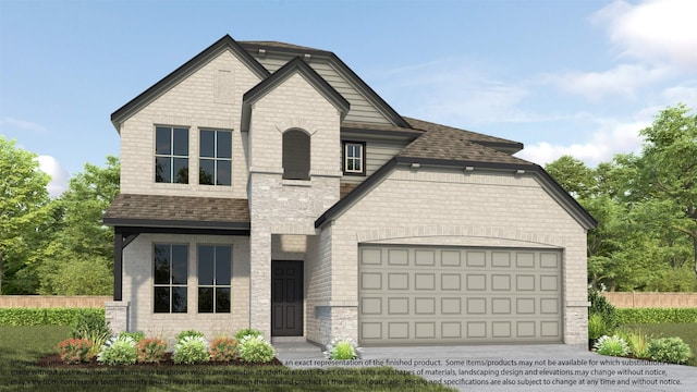 french country home with an attached garage, driveway, a shingled roof, and brick siding