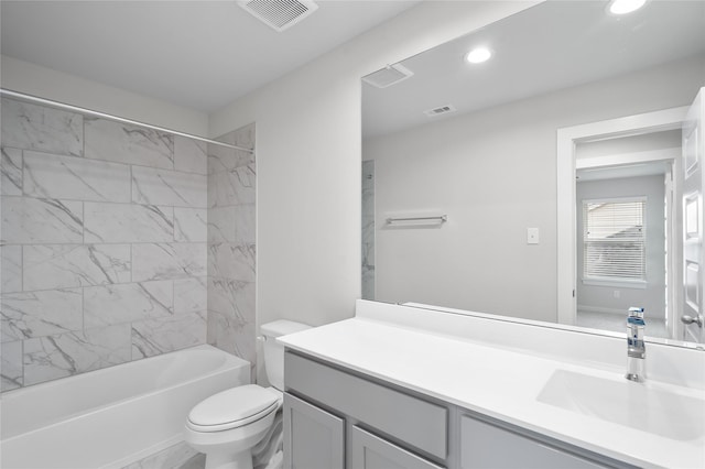bathroom with visible vents, toilet,  shower combination, vanity, and recessed lighting