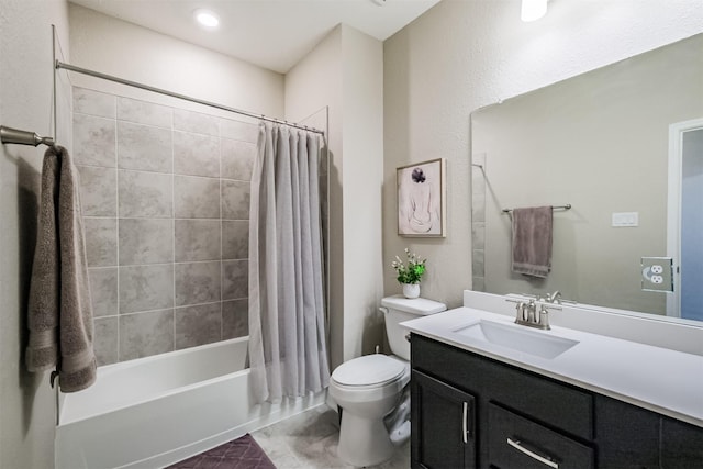 full bath with tile patterned floors, vanity, toilet, and shower / bath combination with curtain