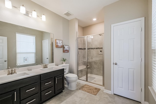 bathroom with visible vents, a stall shower, toilet, and a sink