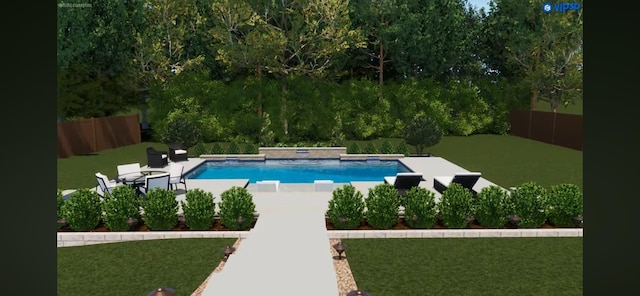 pool with a patio, a lawn, and a fenced backyard