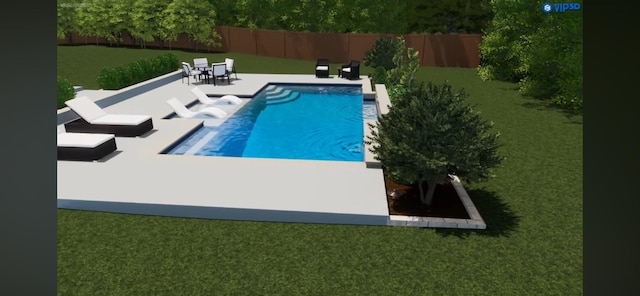 view of pool featuring a fenced backyard, a fenced in pool, a lawn, and a patio