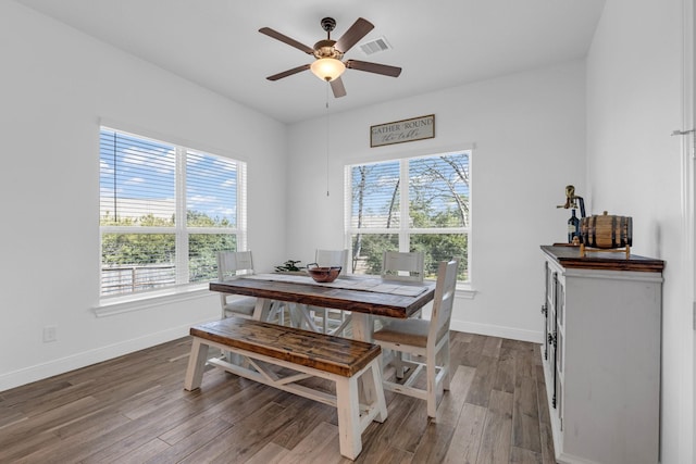 dining space featuring visible vents, ceiling fan, baseboards, and wood finished floors