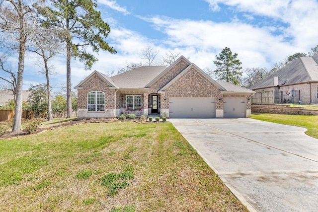 single story home featuring a garage, brick siding, fence, driveway, and a front lawn