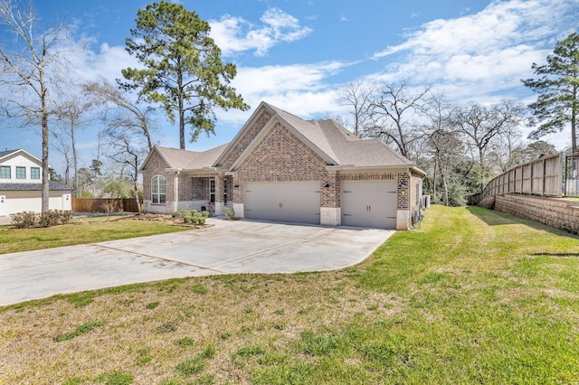 view of front of home with a garage, brick siding, fence, concrete driveway, and a front yard