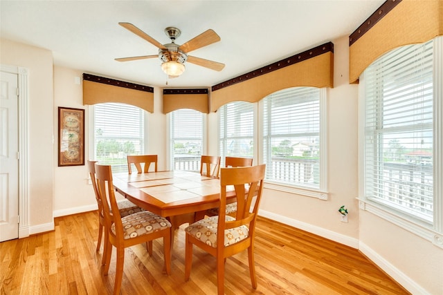 dining area with baseboards, a healthy amount of sunlight, and light wood-style floors