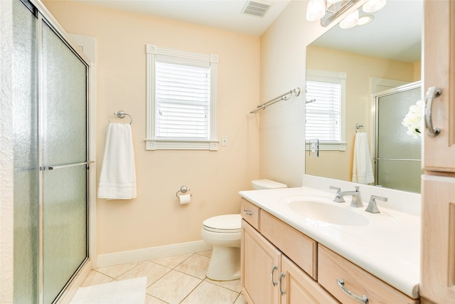 full bath featuring visible vents, a shower stall, vanity, baseboards, and tile patterned floors