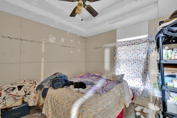 bedroom featuring a raised ceiling and ceiling fan