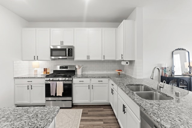 kitchen with stainless steel appliances, dark wood-style flooring, a sink, and light stone countertops