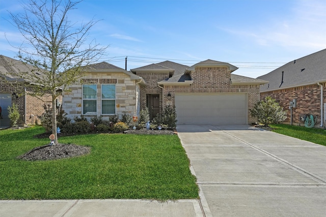 ranch-style home with brick siding, concrete driveway, a front yard, a garage, and stone siding