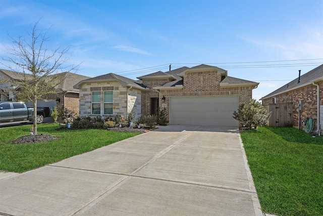 view of front facade with an attached garage, brick siding, driveway, stone siding, and a front lawn