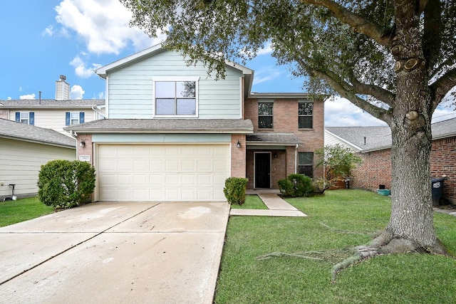 traditional home with driveway, a garage, roof with shingles, a front lawn, and brick siding