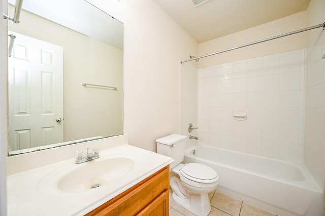 full bathroom with visible vents, shower / bathing tub combination, toilet, vanity, and tile patterned floors