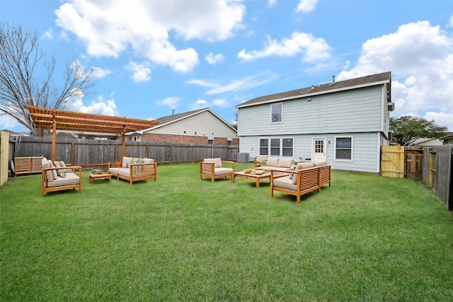 back of house with central air condition unit, a fenced backyard, an outdoor living space, and a lawn