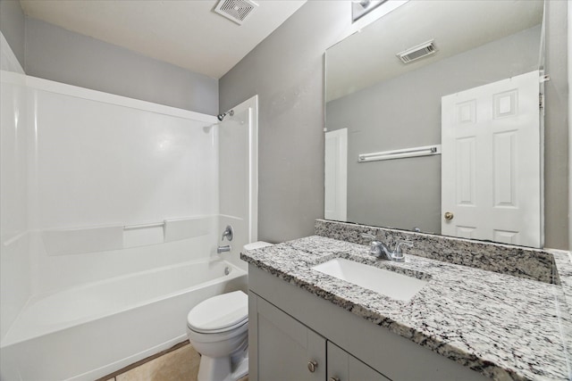 full bath featuring visible vents, vanity, toilet, and tub / shower combination