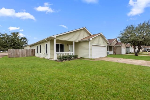 single story home featuring an attached garage, driveway, a front yard, and fence