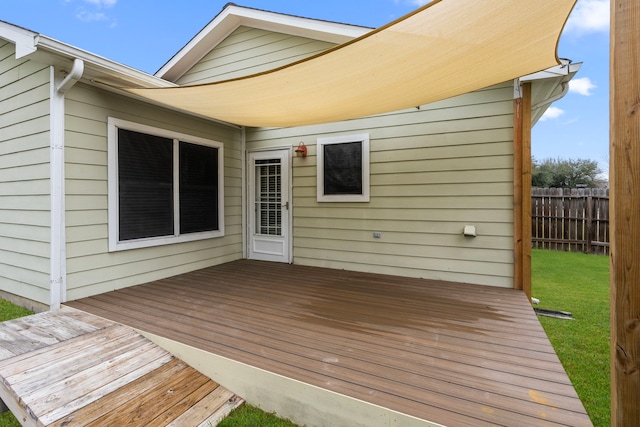 deck featuring fence and a yard