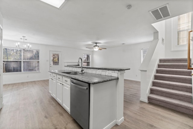 kitchen featuring a sink, visible vents, white cabinetry, stainless steel dishwasher, and a center island with sink