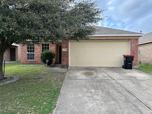 ranch-style house with a garage, driveway, brick siding, and a front yard