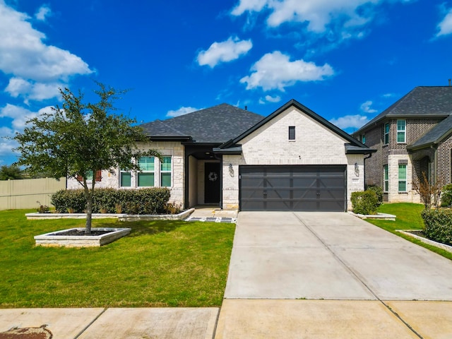 view of front of property with brick siding, an attached garage, driveway, and a front yard