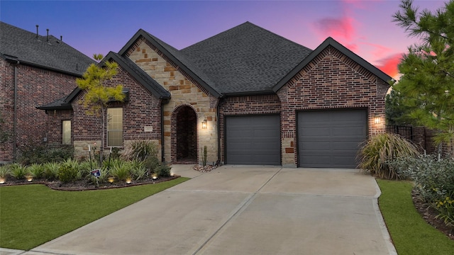 view of front facade with brick siding, roof with shingles, concrete driveway, a garage, and stone siding