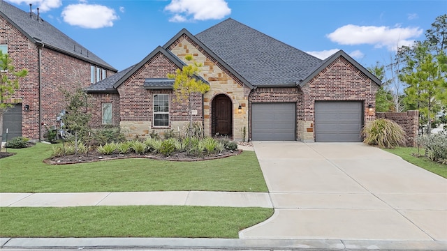 view of front of property with concrete driveway, stone siding, brick siding, and a front yard