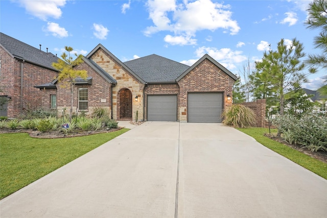 view of front of home featuring a garage, brick siding, concrete driveway, roof with shingles, and a front lawn