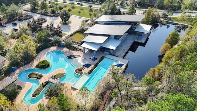 aerial view featuring a water view