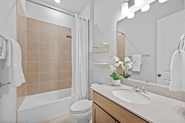 bathroom featuring shower / tub combo with curtain, vanity, and toilet