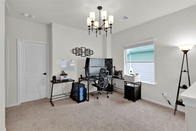 office area with a chandelier, carpet floors, visible vents, and baseboards