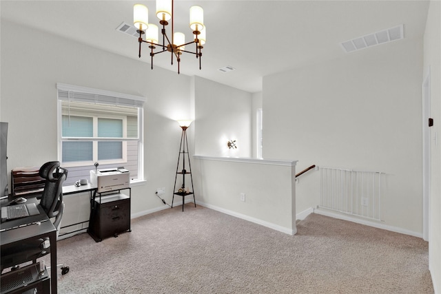 office area featuring light carpet, an inviting chandelier, baseboards, and visible vents