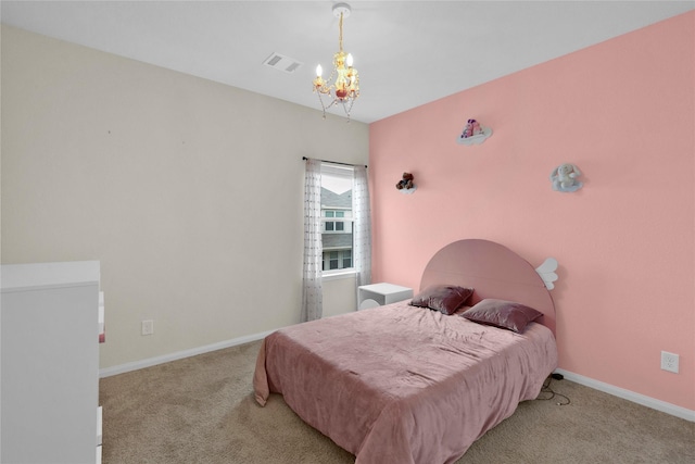 carpeted bedroom featuring an inviting chandelier, baseboards, and visible vents